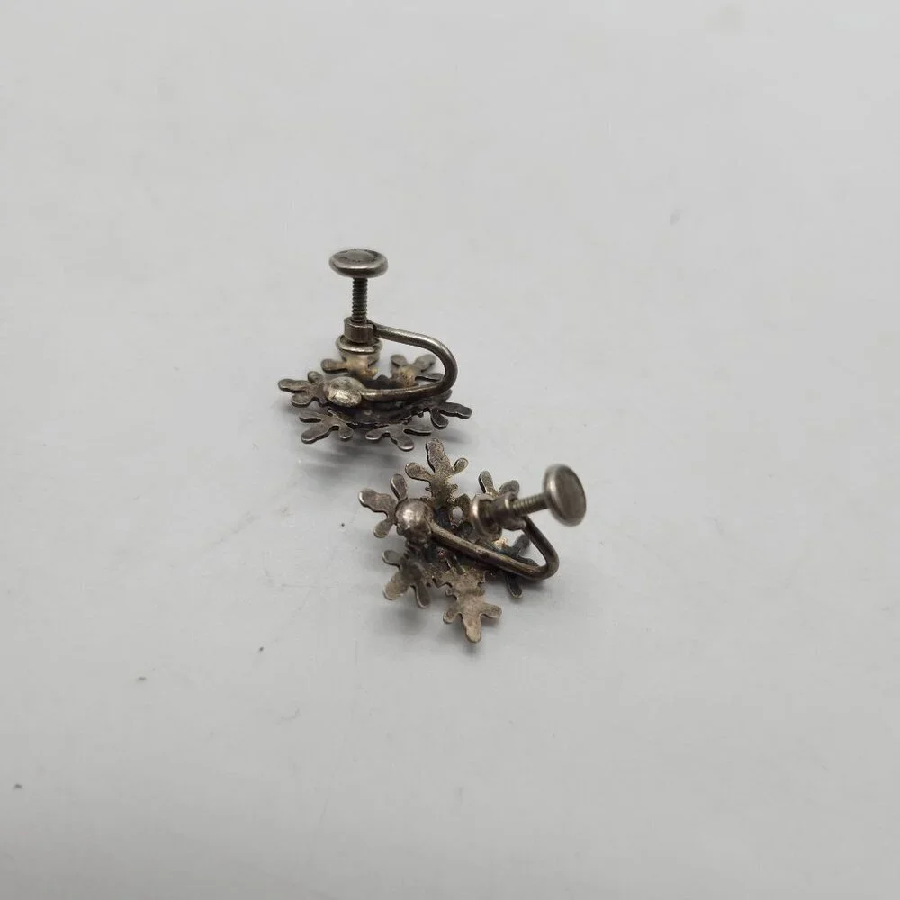 Sterling Silver Snowflake Screw-Back Earrings Vintage Winter Jewelry